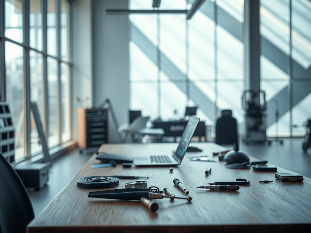 Cinematic wide shot of a minimalist tech repair workspace bathed in natural light from large windows, a sleek wooden desk with a glowing laptop showing repair diagnostics, scattered precision tools, blurred background with abstract architectural lines, photorealistic 8k commercial photography