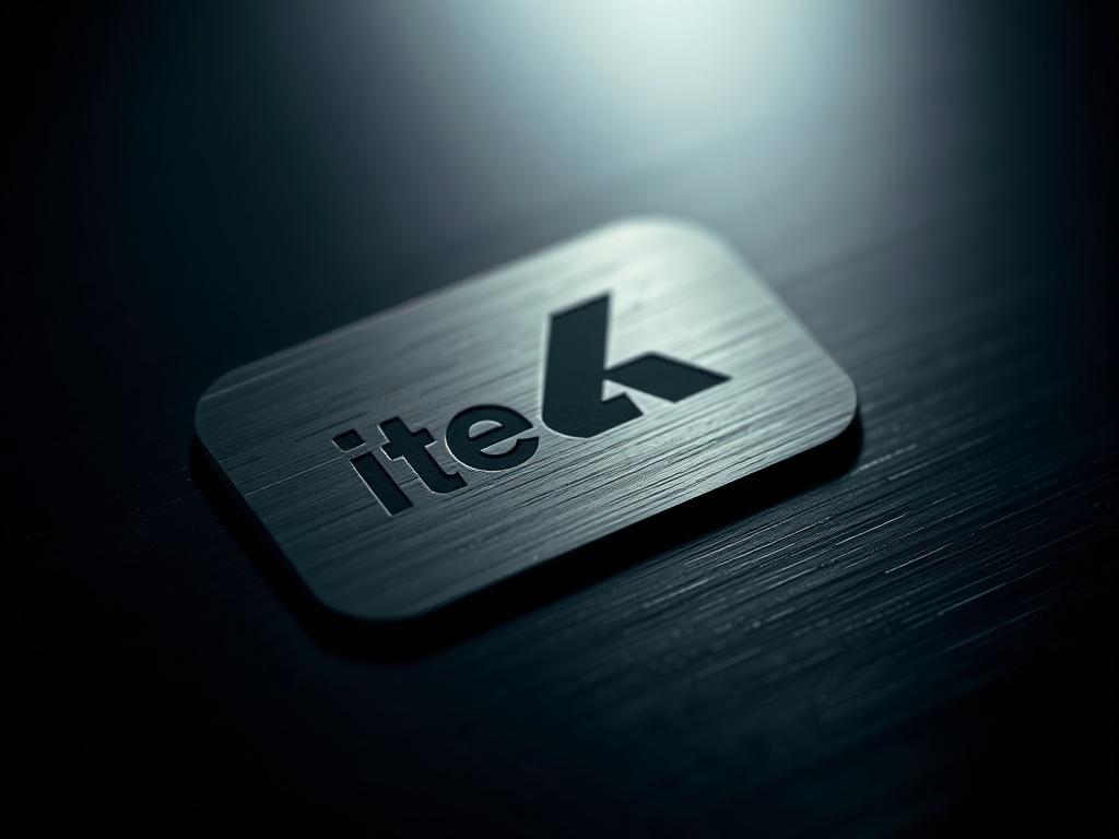 Macro shot of a tech logo engraved on a metal plate, subtle reflections, dark background with soft gradient, sharp details, 8k commercial photography